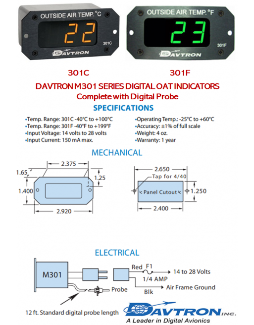 DAVTRON M301 Σειρά Ψηφιακός Ενδείκτης Εξωτερικής Θερμοκρασίας Αέρα (Έγκριση FAA-PMA) SKU: DVTRN-OATIND-M301