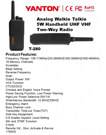 YANTON Αναλογικός/Ψηφιακός VHF/UHF Φορητός Πομποδέκτης (Walkie Talkie) SKU: YANTON-WT
