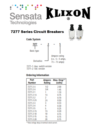 SENSATA KLIXON 7277 Circuit Breakers Code System