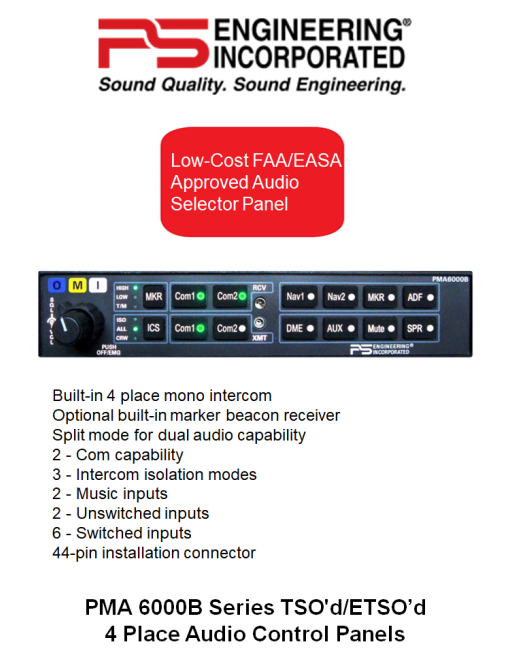 PS ENGINEERING (PSE) PMA 6000B Πιστοποιημένη (TSO'd/ETSO'd) Κονσόλα Ελέγχου Ήχου (Audio Control Panel) SKU: PSE-ACP-PMA6000B