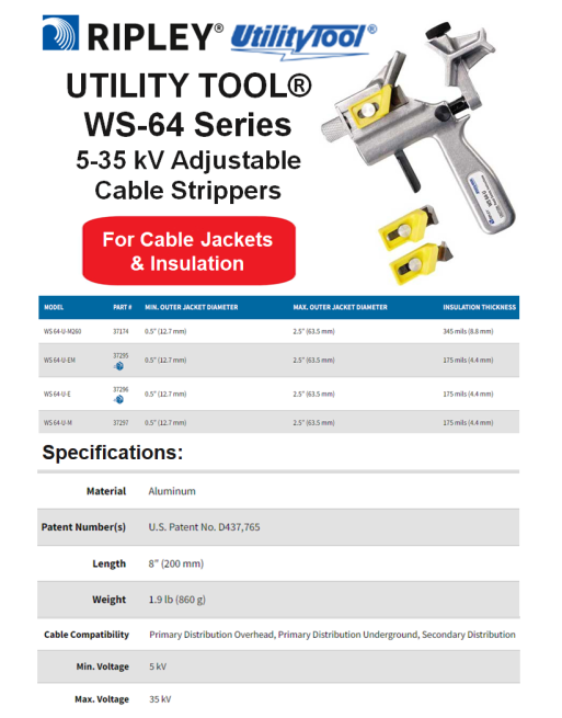 RIPLEY® UTILITY TOOL® WS 64 Σειρά 5-35 kV Αλουμινένιοι Ρυθμιζόμενοι Απογυμνωτές Καλωδίων SKU: RPLUTL-STRP-CBL-WS-64