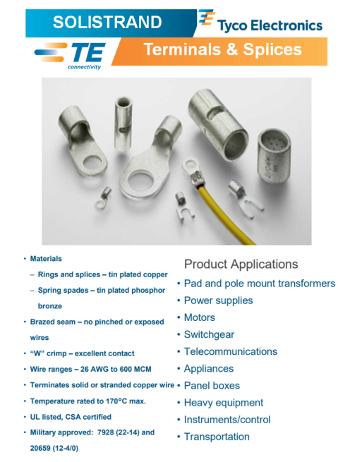 TYCO ELECTRONICS TE CONNECTIVITY™ SOLISTRAND Σειρά Ακροδέκτες & Ενώσεις SKU: TE -TRML-SPLC-SOLISTRAND
