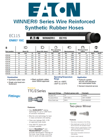 EATON WINNER EC115 Wire Reinforced Synthetic Rubber Hoses Specs
