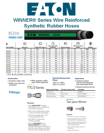 EATON WINNER EC210 Wire Reinforced Synthetic Rubber Hoses Specs