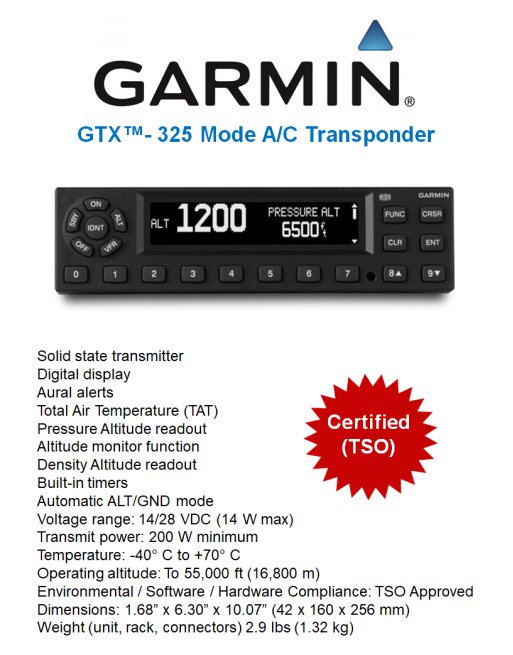 GARMIN® GTX™ 325 Πιστοποιημένος (TSO'd) Mode A/C Αναμεταδότης SKU: GRMN-XPDR-GTX325