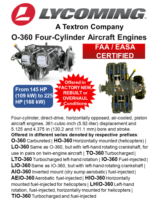 TEXTRON LYCOMING™ O-360 Πιστοποιημένοι Τετρακύλινδροι Αεροπορικοί Κινητήρες SKU: LYC-ENG-AERO-O-360