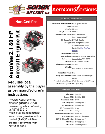 AEROCONVERSIONS AeroVee 2.1 Aircraft Engine Kit Specifications