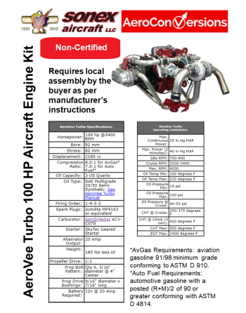 AEROCONVERSIONS AeroVee Turbo Aircraft Engine Kit Specifications