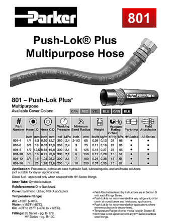 PARKER HANNIFIN 801 Push-Lok® Plus Hydraulic Hoses Specs