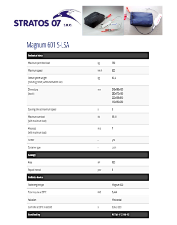 STRATOS 07 MAGNUM 601 S-LSA Rescue System Specifications