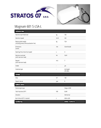 STRATOS 07 MAGNUM 601 S-LSA-L Rescue System Specifications