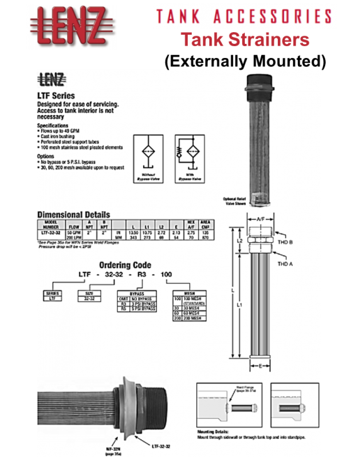 LENZ LTF Series Tank Mounted Strainers