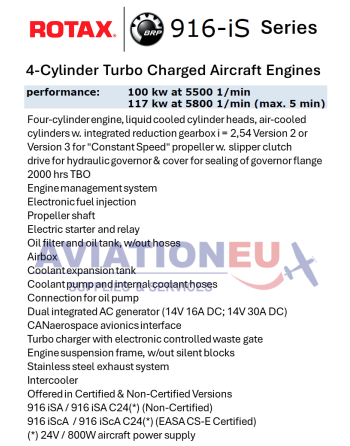 BRP-ROTAX 916 iS Series Four Cylinder Turbo Charged Aircraft Engines Specifications