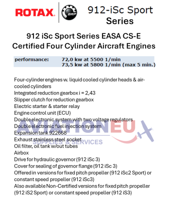 BRP-ROTAX® 912 iSc Sport Σειρά Πιστοποιημένοι (EASA CS-E ) Τετρακίλυνδροι Αεροπορικοί Κινητήρες SKU: RTX-ENG-AERO-912-iSc
