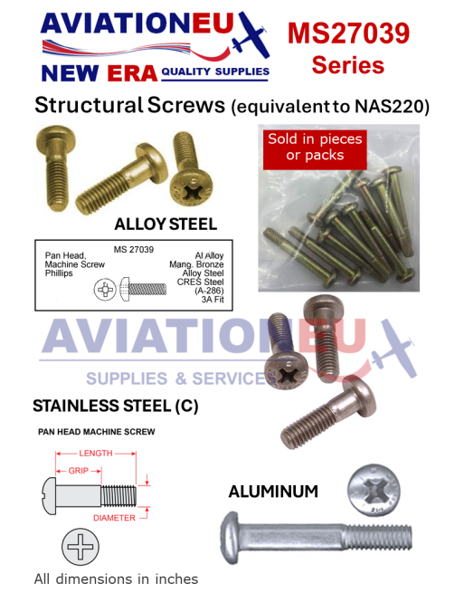 AVIATIONEU NEW ERA MS27039/NAS220 Σειρά Δομικές Βίδες Μηχανής (αντίστοιχες με NAS220) SKU: AVEUNE-SCRW-STRL-MS27039/NAS220