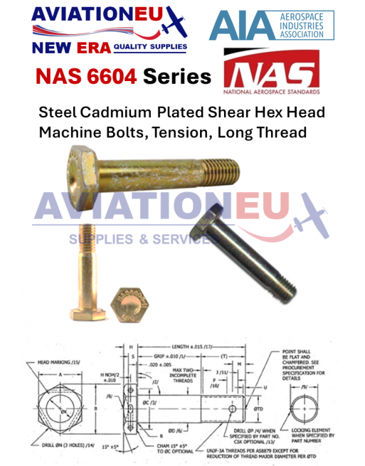 AVIATIONEU NEW ERA NAS 6604 Σειρά Μπουλόνια Διάτμησης Εξάγωνης Κεφαλής από Χάλυβα,Μακρύ Σπείρωμα SKU: AVEUNE-BLT-MCN-NAS6604