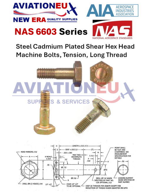 AVIATIONEU NEW ERA NAS 6603 Σειρά Μπουλόνια Διάτμησης Εξάγωνης Κεφαλής από Χάλυβα,Μακρύ Σπείρωμα SKU: AVEUNE-MCN-BLT-NAS6603