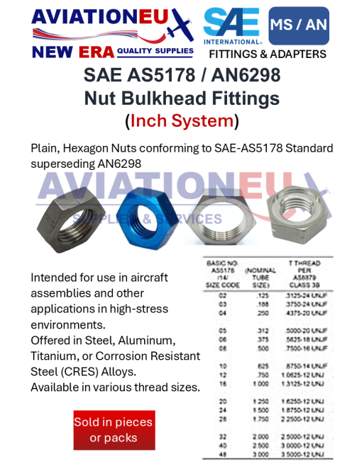 AVIATIONEU NEA ERA SAE-AS5178-AN6298 Nut Bulkhead Fittings