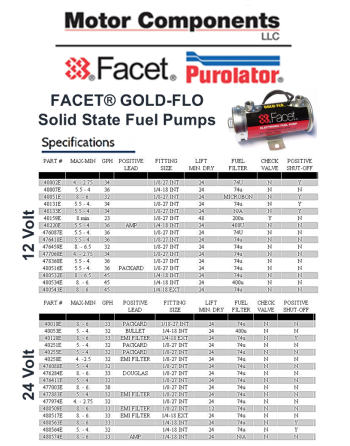 FACET GOLD-FLO Solid State Fuel Pumps Specifications FACET GOLD-FLO Solid State Fuel Pumps Specifications