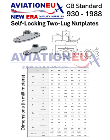 AVIATIONEU NEW ERA GB 930 - 1988 Self-Locking Two-Lug Nutplates-Dimensions