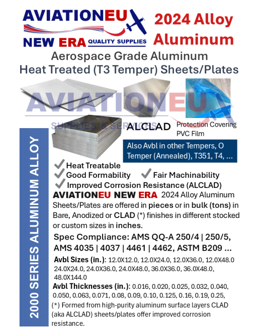 AVIATIONEU NEW ERA Φύλλα/Πλάκες Αλουμινίου Κράματος 2024 T3 Temper (Θερμικά Επεξεργασμένα) SKU: AL2024T3-SHT