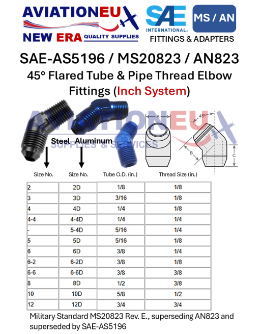 AVIATIONEU NEW ERA SAE-AS5196/MS20823/AN823 45° Flared Tube & Pipe Thread Elbow Fittings AVIATIONEU NEW ERA SAE-AS5196/MS20823/AN823 45° Flared Tube & Pipe Thread Elbow Fittings