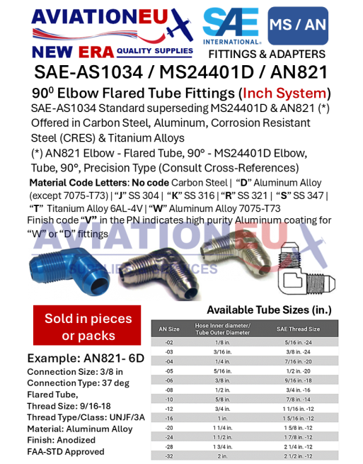 AVIATIONEU NEW ERA AE-AS1034-AN821 90 Deg Elbow Flared Tube Fittings