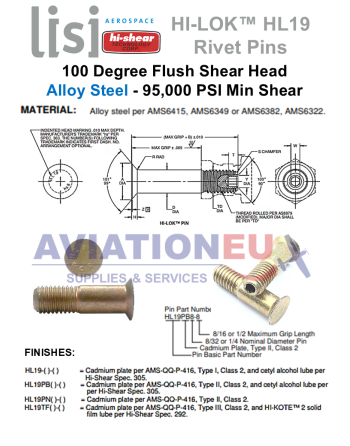 HI-SHEAR CORP. HI-LITE™ / HI-LOK™ /  HI-TIGUE™ Πείροι Πριτσινιών SKU: HISHR-RVTPIN-HST/HL/HLT