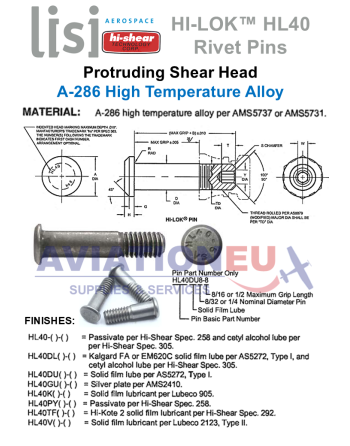 HI-SHEAR CORP. HI-LITE™ / HI-LOK™ /  HI-TIGUE™ Πείροι Πριτσινιών SKU: HISHR-RVTPIN-HST/HL/HLT