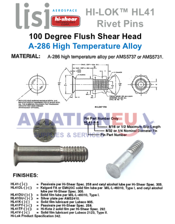 HI-SHEAR CORP. HI-LITE™ / HI-LOK™ /  HI-TIGUE™ Πείροι Πριτσινιών SKU: HISHR-RVTPIN-HST/HL/HLT