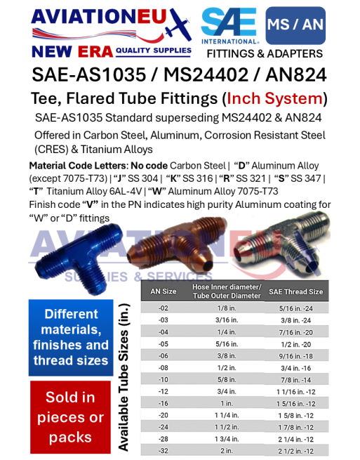 370 AVIATIONEU NEW ERA AS1035-MS24402-AN824 Flared Tube Tee Fittings