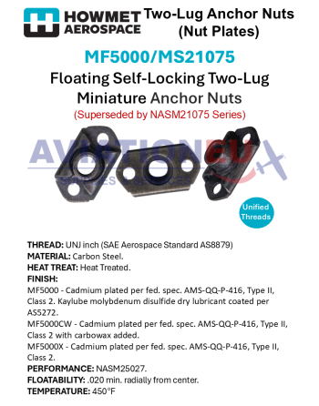 HOWMET AEROSPACE MF5000-MS21075 Self-Locking Floating Two-Lug Miniature Nutplates