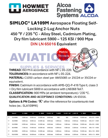 HOWMET AEROSPACE SIMLOC LA109M Floating Self-Locking 2-Lug Anchor Nuts