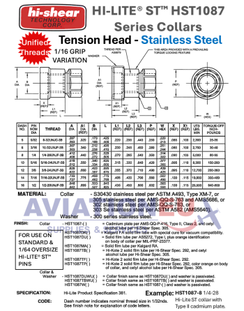 HI-SHEAR CORP. HI-LITE™ / HI-LOK™ /  HI-TIGUE™ Παξιμάδια & Περιλαίμια (Κολάρα) SKU: HISHR-NUT-CLR