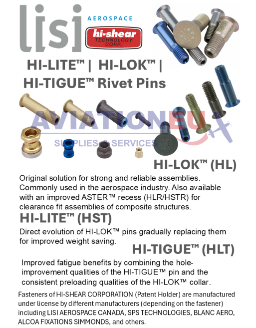 HI-SHEAR CORP. HI-LITE™ / HI-LOK™ /  HI-TIGUE™ Πείροι Πριτσινιών SKU: HISHR-RVTPIN-HST/HL/HLT