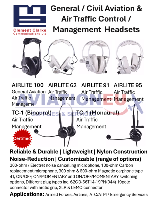 CLEMENT CLARKE Certified General/Civil Aviation & Air Traffic Control/Management Headsets