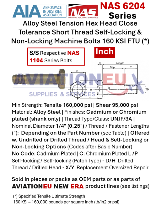 NAS 6204 Εξάγωνα Μπουλόνια Εφελκυσμού Μικρής Ανοχής Κοντού Σπειρώματος από Χάλυβα (αντικ. NAS 1104) SKU: BLT-NAS6204/NAS1104