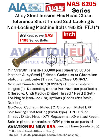 NAS6205/NAS1105 Tension Hex Head Machine Bolts