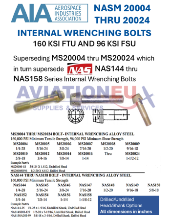 NASM / MS 20004 Thru 20024 Series Steel Internal Wrenching Bolts