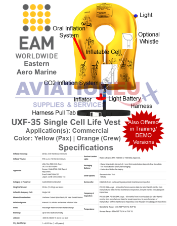 EAM UXF35 Single Cell Life Vest Specifications