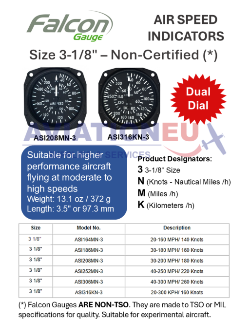 FALCON GAUGE 3-1/8” Airspeed Indicators Dual Dial
