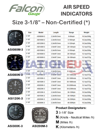 FALCON GAUGE 3-1/8” Airspeed Indicators