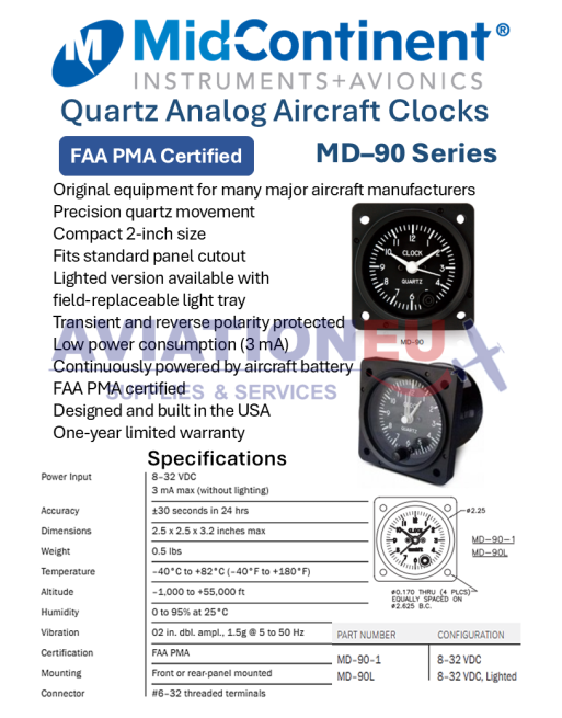 MID CONTINENT® INSTRUMENT (MCI) MD–90 Σειρά FAA PMA Ρολόγια Ακριβείας Αεροσκαφών από Χαλαζία SKU: MCI-CLK-QRZ-MD–90