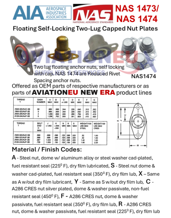 AIA NAS1473 /NAS 1474 Series Floating Self-Locking Two-Lug Capped Nut Plates