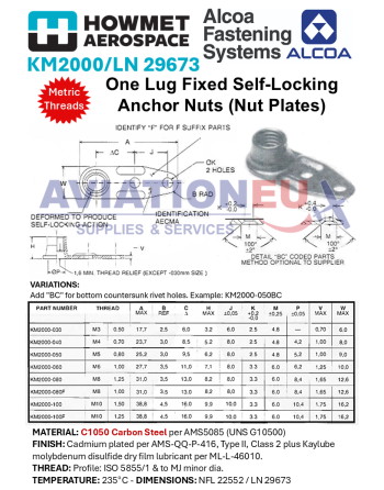 HOWMET AEROSPACE KM2000/LN 29673
 Fixed Self-Locking 1-Lug Anchor Nuts
