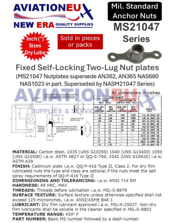 AVIATIONEU NEW ERA MS21047/AN366F Σταθερά Αυτοασφ/μενα Παξιμάδια Αγκύρωσης 2 Λοβών 450°F SKU: AVEUNE-NTPLT-MS21047/AN366F