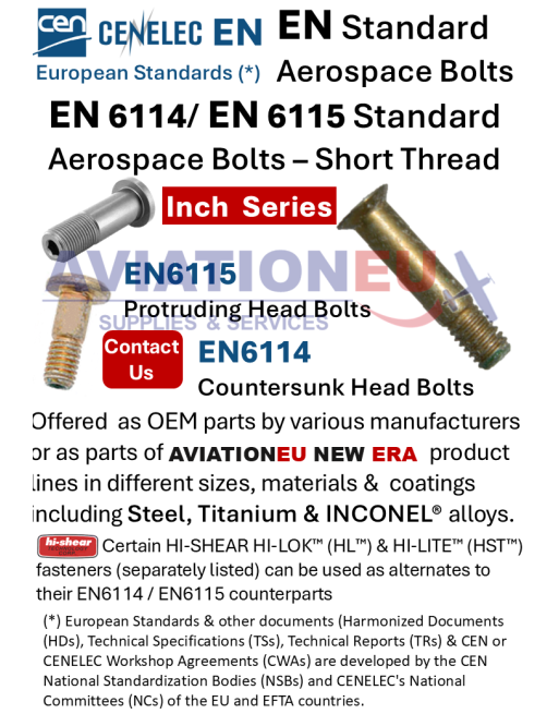 European Standard (EN) 6114/6115 Βίδες Αεροπορικών Εφαρμογών  Κοντού Σπειρώματος SKU: BLT-EN6114/EN6115