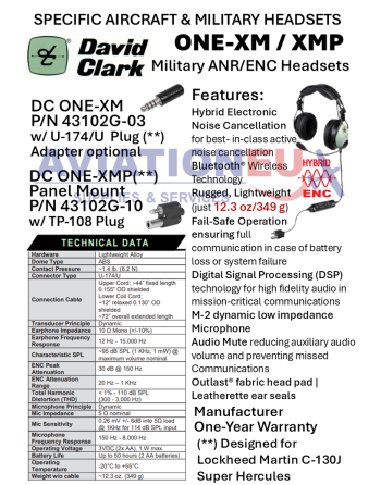 DAVID CLARK DC ONE-XM/XMP ANR/ENC Military Aviation Headsets