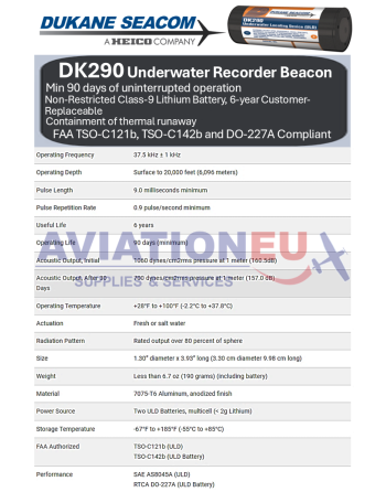 DUKANE SEACOM DK290 Aviation Underwater Location Beacon Specs