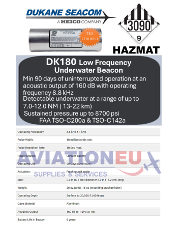 DUKANE SEACOM DK180 Aviation Underwater Location Beacon Specs